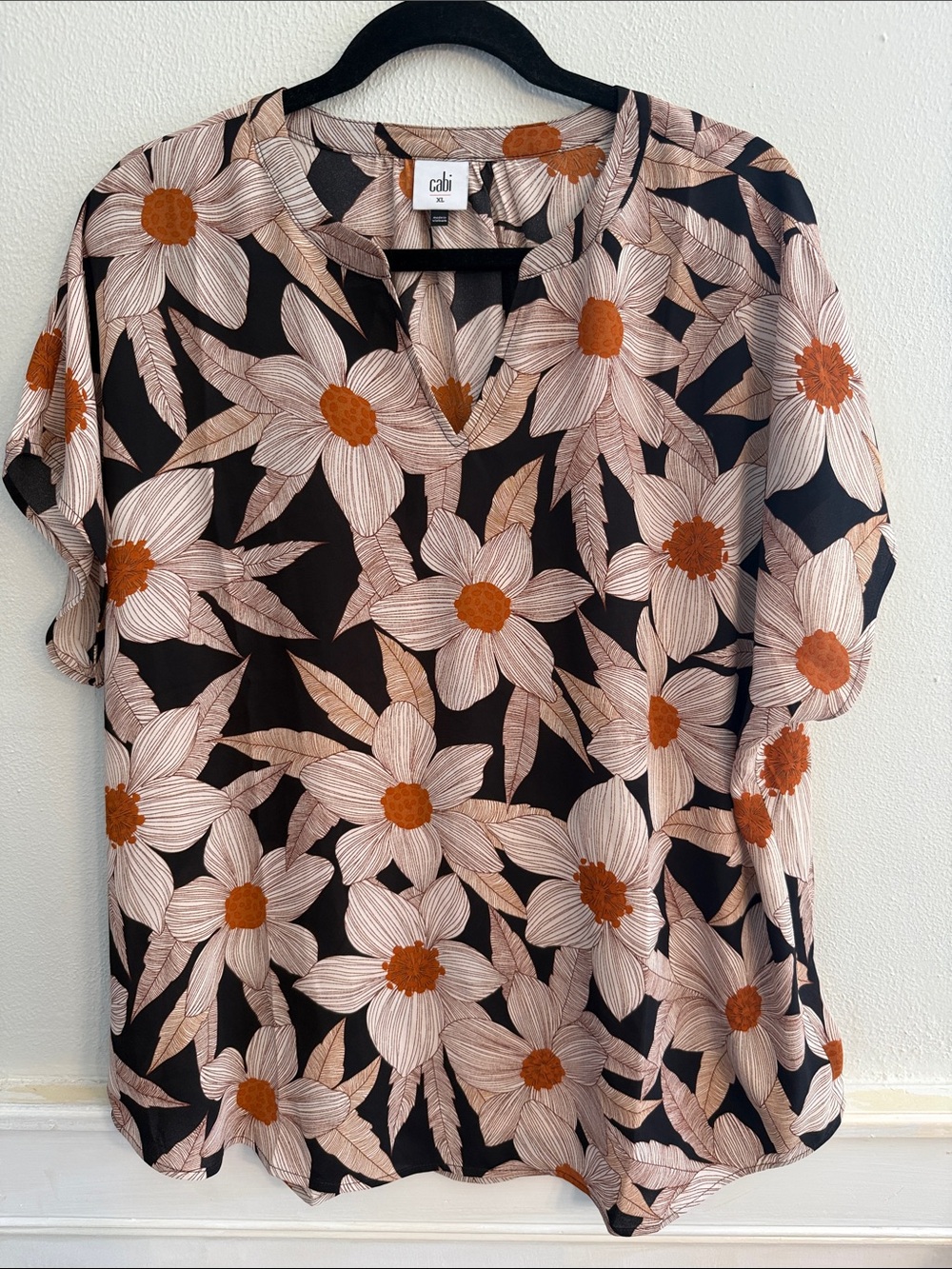 CAbi Black Floral Split-Neck Blouse with Peach Petals & Rust Centers